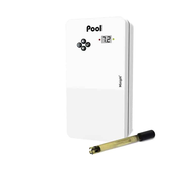 Régulateur Pool Mini pH blanc affichant 7.2 avec boutons de navigation et sonde pH étalée, pour le contrôle de la piscine.
