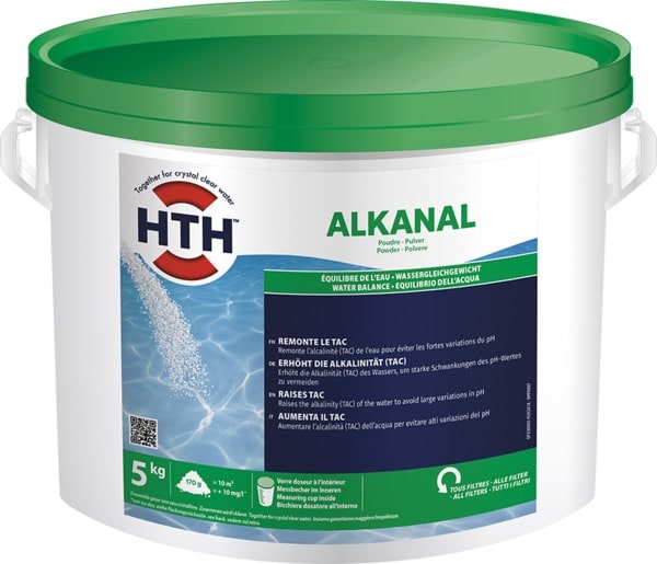 Seau HTH ALKANAL 5 kg (Poudre) pour équilibre de l'eau. Remonte le TAC pour éviter les variations de pH. Tous filtres.