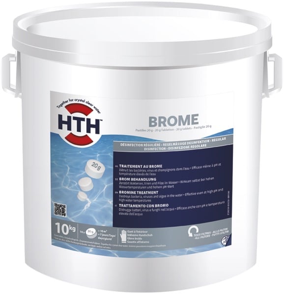 Seau HTH Brome 10kg, pastilles 20g pour traitement et désinfection régulière de l'eau de piscine. Efficace pH et température élevés. Tous filtres.