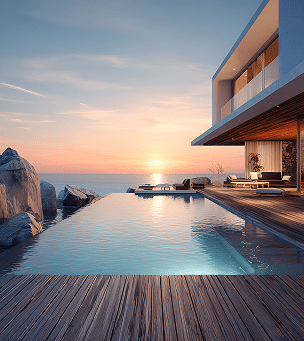 Villa Luxe Coucher Soleil Piscine Mer Roches Villa moderne luxe bord de mer au coucher du soleil, piscine à débordement avec vue imprenable sur l'océan et gros rochers.